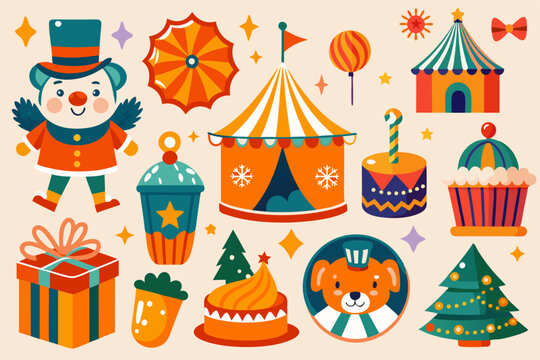 Adventurous circus and christmas holiday sticker collection for festive seasonal art