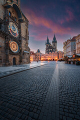 Amazing sunrise over the Prague Clock Tower in the historical center of Prague, Czechia