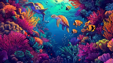 A vibrant underwater scene with two sea turtles swimming through a colorful coral reef, surrounded by various fish and marine life.
