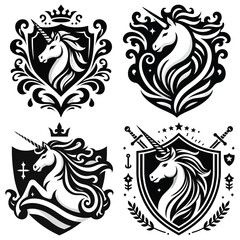 Fototapeta premium Black and white vector unicorn crests, elegant and regal, perfect for fantasy themed design