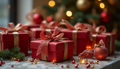 New Year's background with red gift boxes