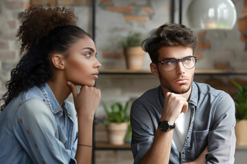 Millennial businessman involved in decision-making, listen opinion, take part in formal meeting with female partner, touch chin looks pensive, search issue solution, brainstorming, engaged in teamwork