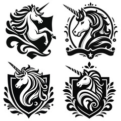 Fototapeta premium Black and white unicorn crest vector illustrations, symmetrical and detailed, digital art design.