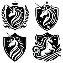 Obraz premium Monochrome unicorn emblem set vector illustration, black and white, perfect for fantasy themed decor
