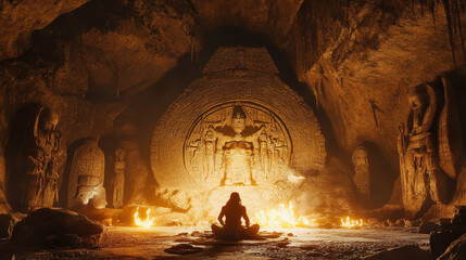 Shaman in a sacred cave, surrounded by ancient carvings and flickering firelight, summoning spirits for guidance and protection