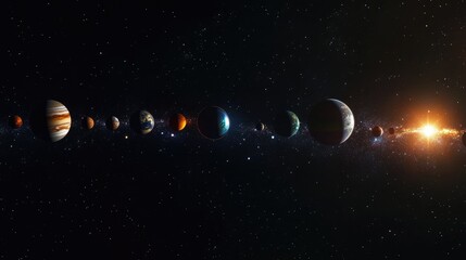Close-up panorama of the solar system in space, showing all planets in their orbits with distant stars. No people. No logo.