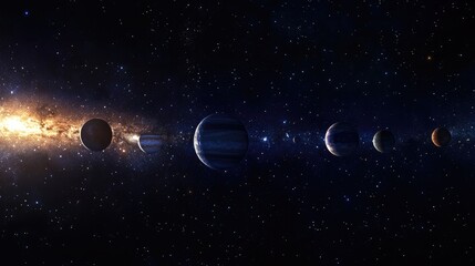 Close-up panorama of the solar system in space, showing all planets in their orbits with distant stars. No people. No logo.