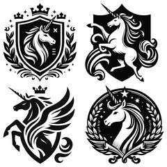 Obraz premium Regal unicorn crest vector illustration, black and white, symbol of magic and nobility, branding