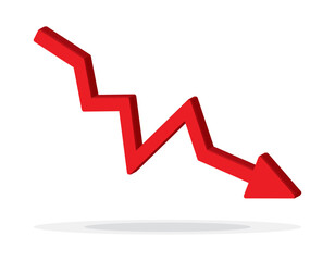 Red 3d arrow going down stock icon on white background. Bankruptcy, financial market crash icon for your web site design, logo, app, UI. graph chart downtrend symbol.chart going down sign.	