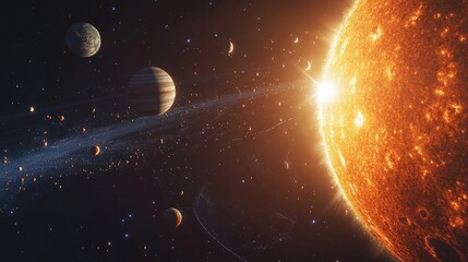 Obraz premium Close-up panoramic shot of the solar system, highlighting the Sunas corona and orbiting celestial bodies. No people. No logo.