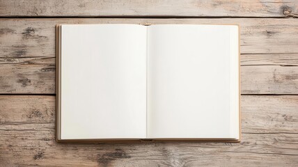 Open book mockup with a blank spread, set against a natural wood background, Book mockup, elegant simplicity, layout design