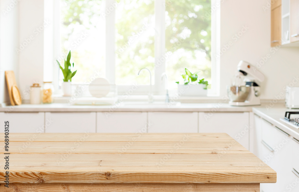 Wall mural empty wood table top view for product display montage on blur kitchen counter and wide window backgr
