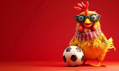 Naklejka premium 3D funny chicken wearing a scarf and glasses playing soccer on a red background, unique and playful concept perfect for humorous artwork or sports-themed design