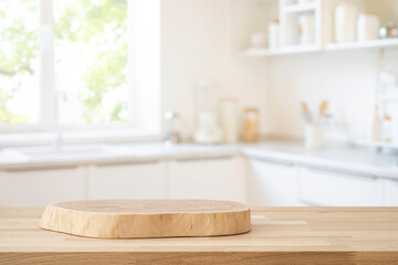 Table top with empty wooden podium for product montage on blur kitchen window interior background