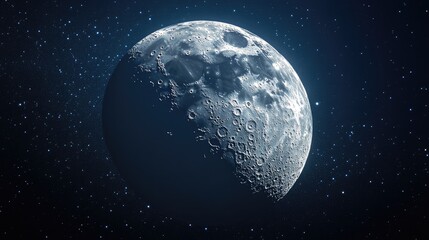 Obraz premium Close-up panoramic view of the moon, with its pockmarked surface clearly visible against a starry backdrop. No people. No logo.