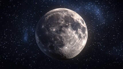 Fototapeta premium Close-up panoramic view of the moon, with its pockmarked surface clearly visible against a starry backdrop. No people. No logo.