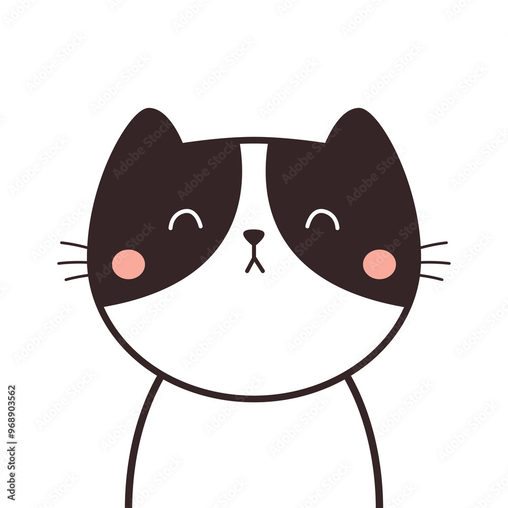 Wall mural black white cat face. cute kitten head. line contour doodle. kawaii cartoon funny characters. sad em