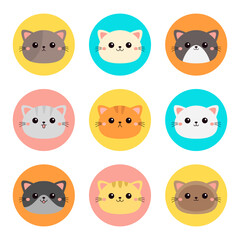 Cute cat set. Round icon. Kitten, kitty face. Different breeds and patterns, emotions, colors. Cartoon kawaii funny baby character. Sticker print. Kids collection. Flat design. White background Vector