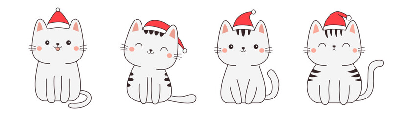 Merry Christmas white cat icon set. Red Santa Claus hat. Kitten face. Cute cartoon kawaii funny character. Contour line doodle. Different emotions. Sticker print. Flat design. White background. Vector