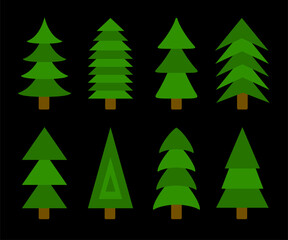 Christmas tree set. Fir tree collection. Green pine trees. New Year winter sign symbol. Greeting card, banner, web, sticker print template. Different shape. Flat design. Black background. Vector