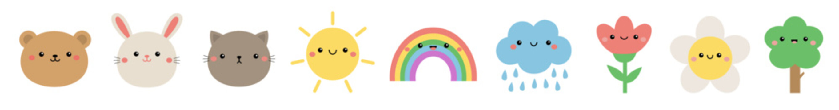 Cat kitten, bear, bunny rabbit, sun, rainbow, raining cloud, daisy chamomile tulip flower, tree. Cute kawaii cartoon icon set. Funny face head. Childish style. Flat design. White background. Vector