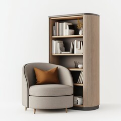 Fototapeta premium A cozy reading nook featuring a stylish armchair and a modern bookshelf.