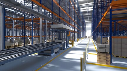17. A warehouse with a mix of pallet racks and automated picking systems
