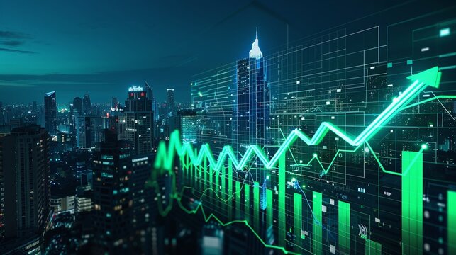 A digital cityscape showcasing financial growth with green graphs overlaying skyscrapers, symbolizing success and investment.