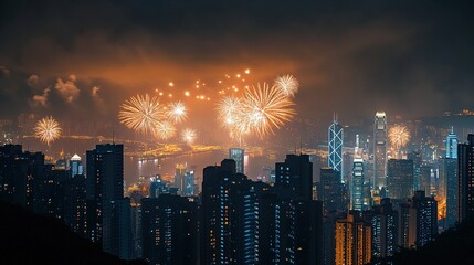 Obraz premium Spectacular city fireworks display illuminating the night skyline view