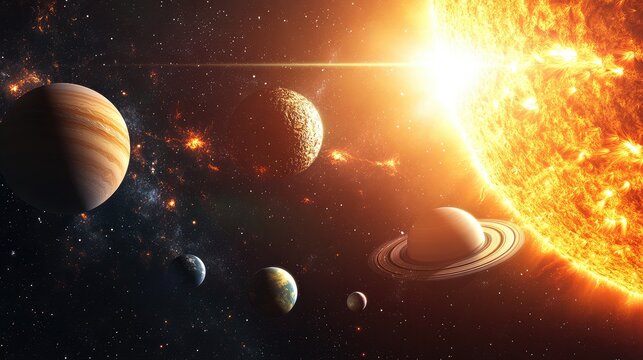 Panoramic image of the solar system with the Sunas glowing surface and planets like Saturn and Earth nearby. No people. No logo.