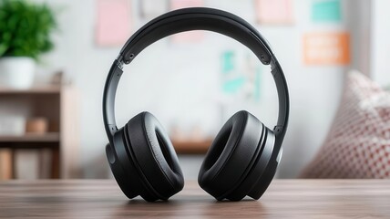 Sleek modern black headphones on polished wooden table in cozy setting, headphones, modern, black, technology, comfort, cozy, warm