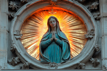 Statue of Virgin Mary in prayer with a radiant background