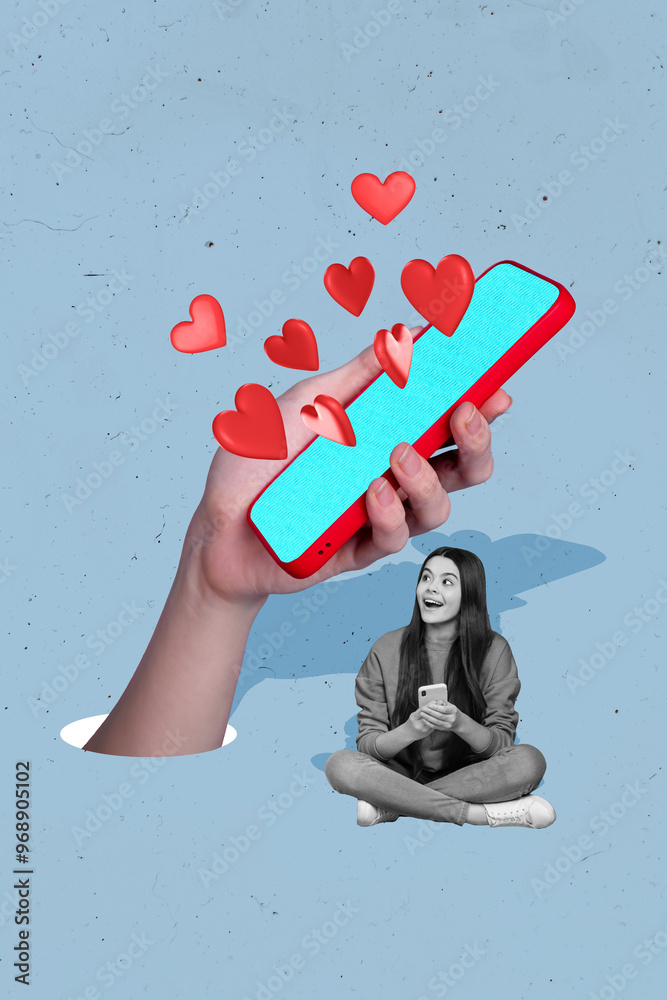 Poster Creative template collage of teenager girl sit look person using cellphone with likes