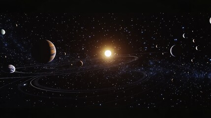 Panoramic view of the solar system, capturing planets in a circular orbit around the Sun, with stars in the background. No people. No logo.