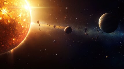 Panoramic view of the solar system in space, focusing on the Sun's glow and the orbiting planets. No people. No logo.