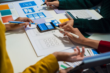 ui designer brainstorming about mobile app interface wireframe design with customer breif and color...