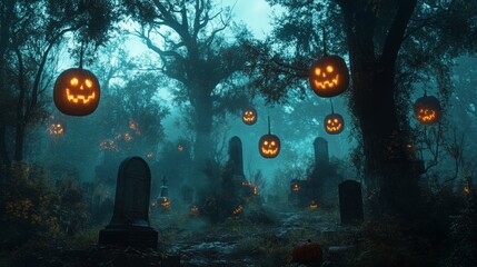 Obraz premium Spooky jack-o'-lanterns hang from trees in a foggy graveyard.