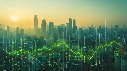 Naklejka premium A stunning city skyline at sunset, showcasing financial growth with a vibrant green graph overlay, symbolizing prosperity.