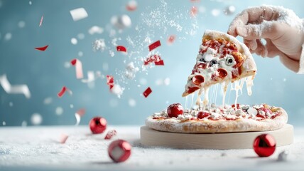 Snow podium with swirling confetti and a pizza in a festive, wintry scene with a crisp, elegant presentation.