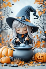 A cute witch stirring a cauldron surrounded by pumpkins and autumn leaves, perfect for Halloween-themed designs.