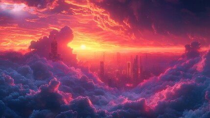 Fototapeta premium Semiabstract city skyline at sunset with glowing neon outlines of skyscrapers and vibrant swirling clouds representing modernity and urban energy