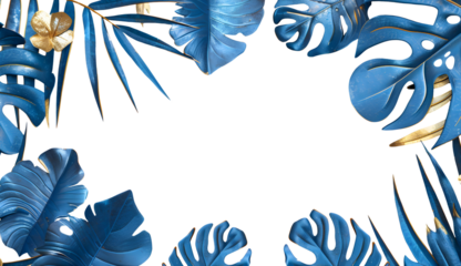 Tropical blue and gold leaves frame border