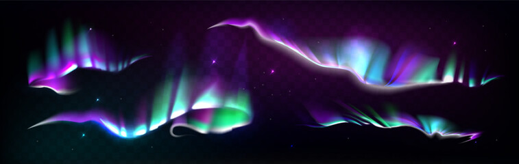Abstract northern lights effect set. Multi-colored decorative glowing floating shapes on a dark background. Gradient shapes holographik