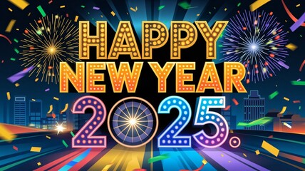 How about Happy New Year 2025 Greeting Card with Fireworks and Stars in a Festive Gold Design?