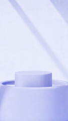 Background featuring an empty product display mockup with a purple backdrop and abstract geometric platforms designed for showcasing merchandise in portrait orientation.