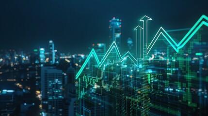 Dynamic city skyline showcasing financial growth graphs with neon overlays representing market trends and data analysis.