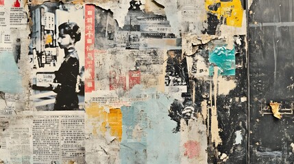 Fototapeta premium A vintage collage of weathered newspaper clippings in muted tones of beige, brown, and faded red creates a textured, aged backdrop. The distressed, layered design evokes a nostalgic, historical feel.