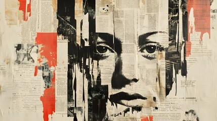 Fototapeta premium A vintage collage of weathered newspaper clippings in muted tones of beige, brown, and faded red creates a textured, aged backdrop. The distressed, layered design evokes a nostalgic, historical feel.