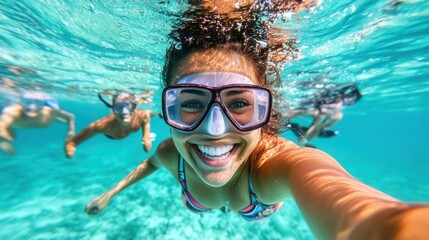 Fototapeta premium A thrilled woman wearing snorkeling gear joyfully swims in clear water with friends in the background, capturing a fun and adventurous underwater moment.