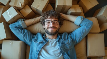 A professional image of a man lying on a sofa amidst a clutter of boxes, a soft smile on his face, capturing a sense of satisfaction and relaxation after moving house